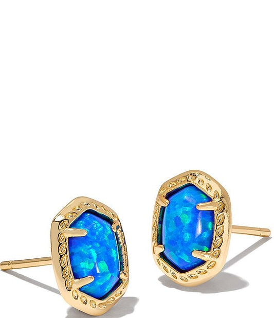 Daphne Framed Stud Earrings in Gold Bright Blue Kyocera Opal