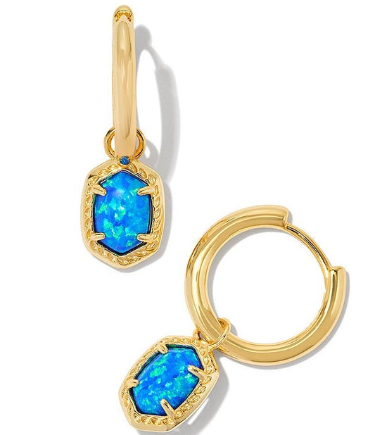 Daphne Framed Huggie Hoop Earrings in Gold Bright Blue Kyocera Opal