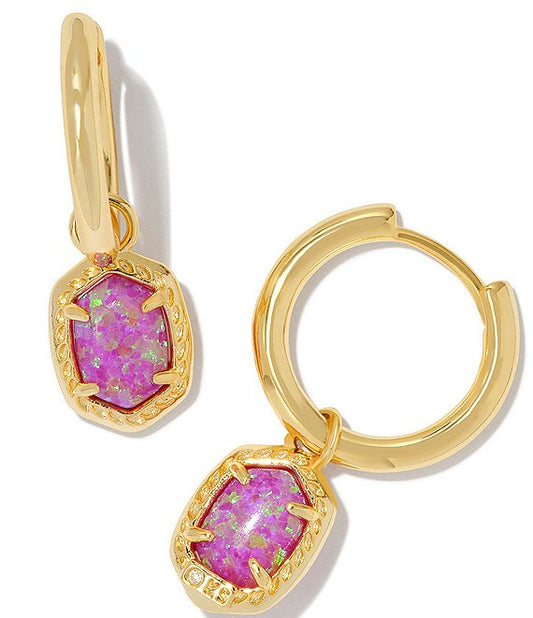 Daphne Framed Huggie Hoop Earrings in Gold Magenta Opal