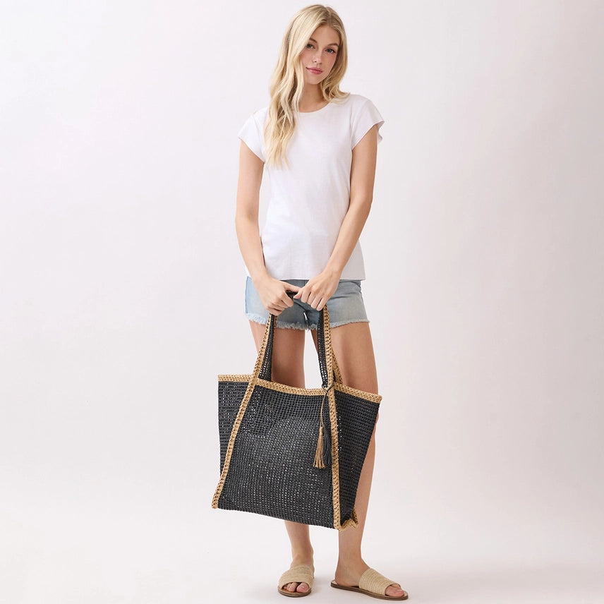 Vacay Mode Black Straw Tote Bag