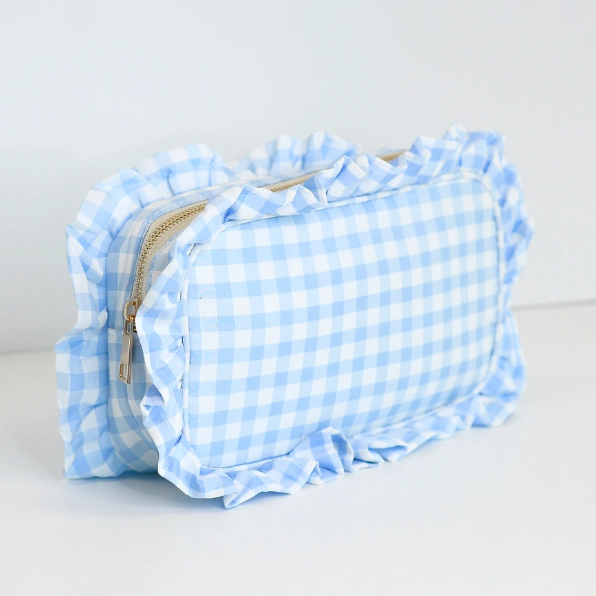 Gingham Ruffle Light Blue Pouch Cosmetic Bag