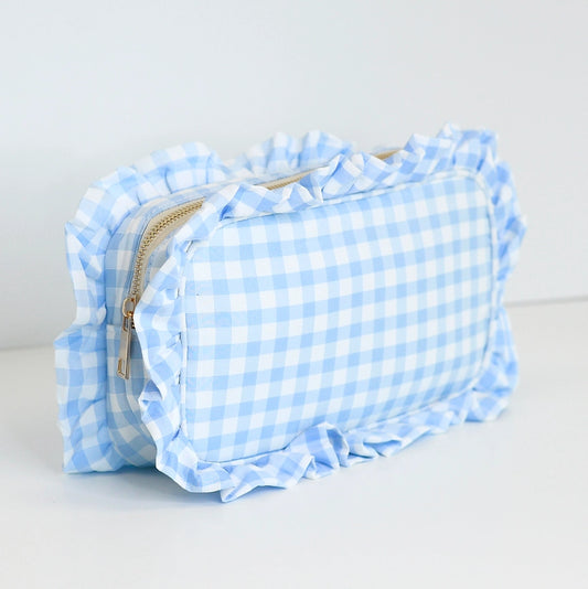 Gingham Ruffle Light Blue Pouch Cosmetic Bag