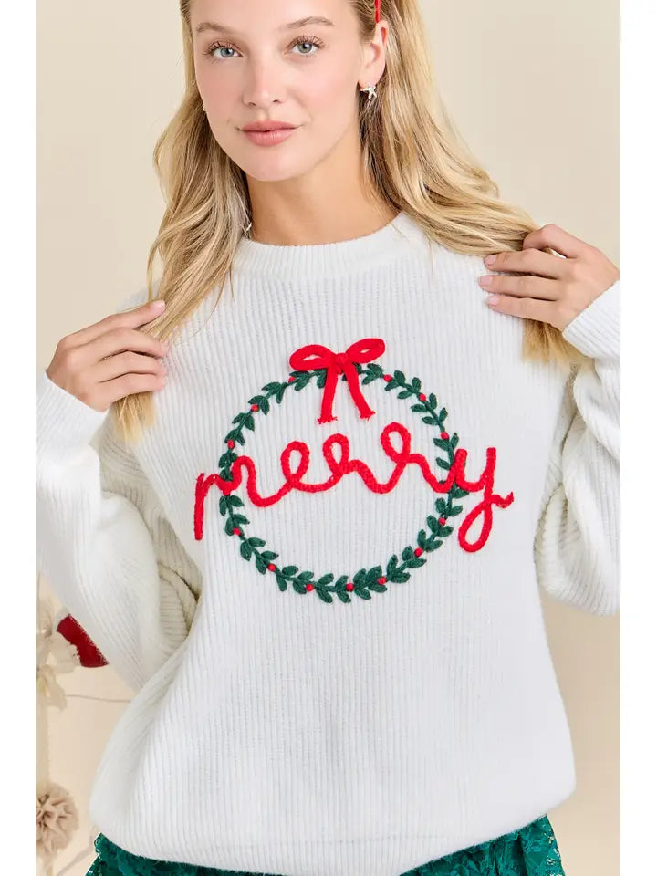 Merry Wreath White Sweater