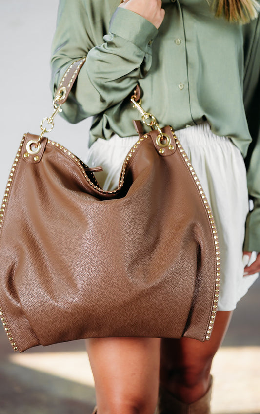 Carly Studded Hobo Taupe Handbag