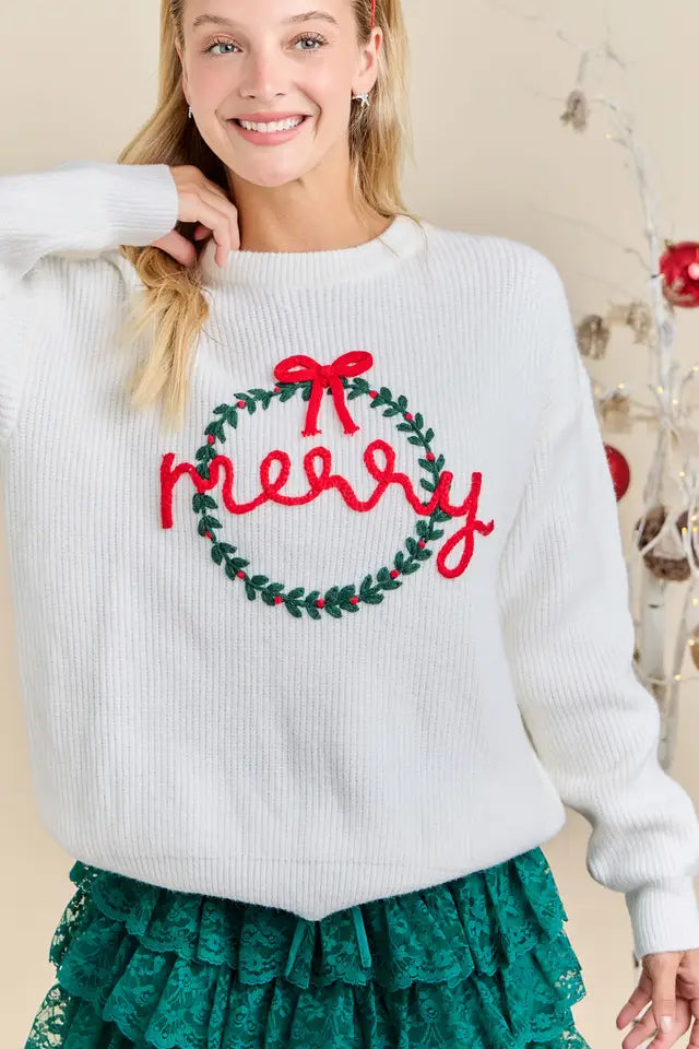Merry Wreath White Sweater