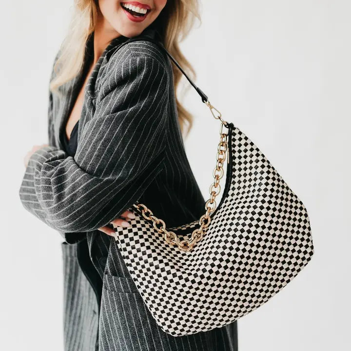 Sienna Woven Black Checkered Shoulder Bag