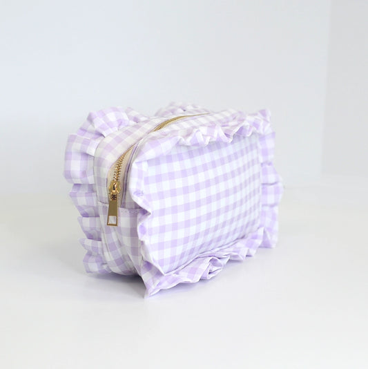 Gingham Ruffle Purple Pouch Cosmetic Bag