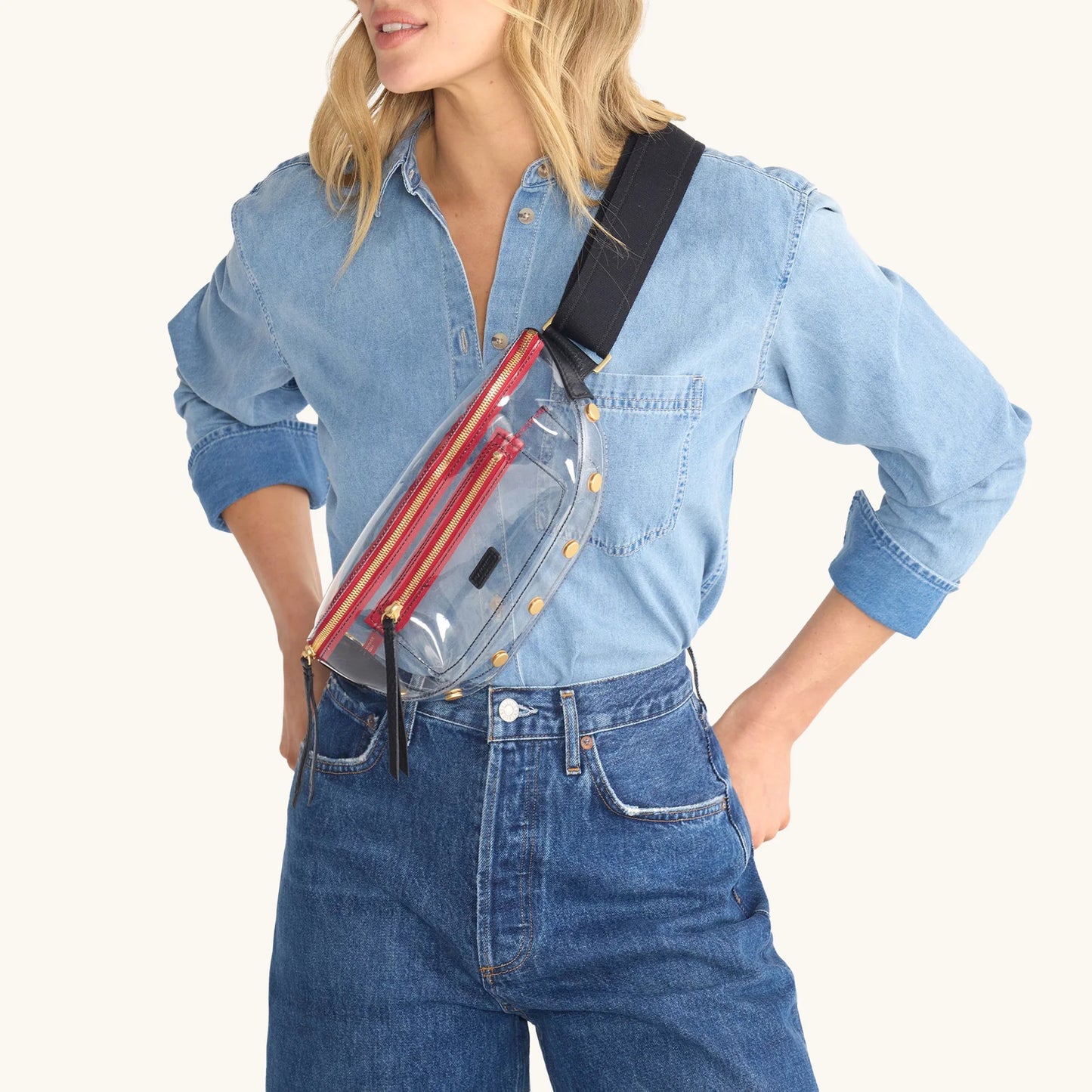 Charles Medium Clear Black/Brushed Gold Red Zip Crossbody