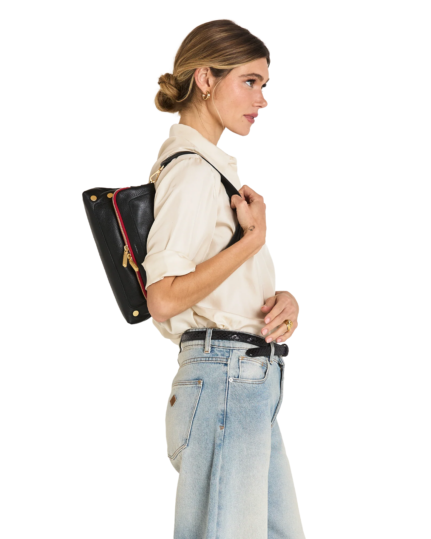 Beverly Med Black/Brushed Gold Red Zip Handbag