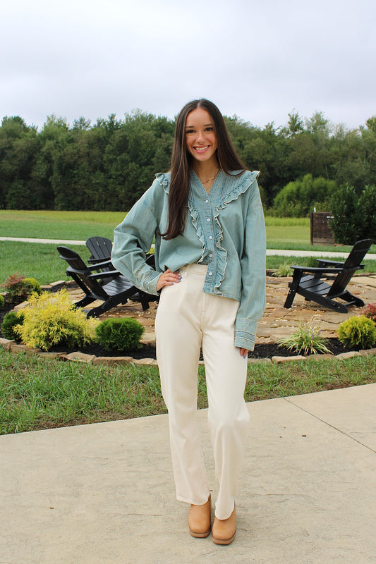 Tattered And Ruffled  Vintage Tint Wash Denim Top