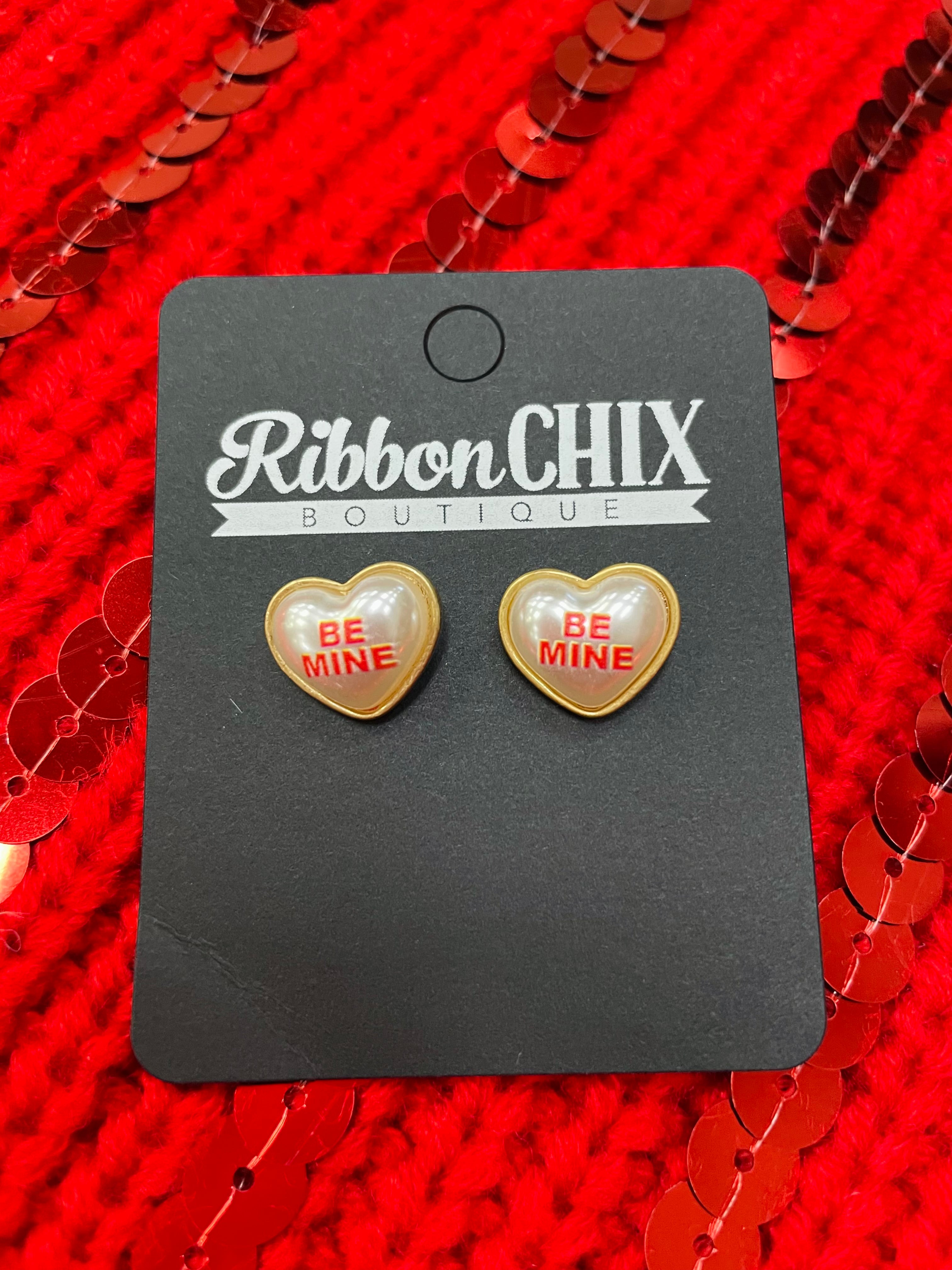 Be Mine Heart Stud Earrings Ribbon Chix