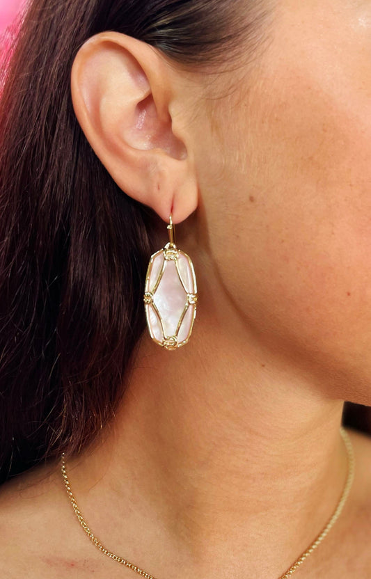 Elle Lattice Frame Gold Drop Earrings in Ivory Mother-of-Pearl