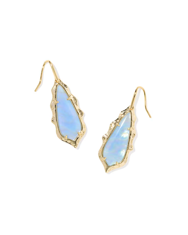 Adriana Scallop Frame Gold Drop Earrings in Sky Blue Iridescent Abalone