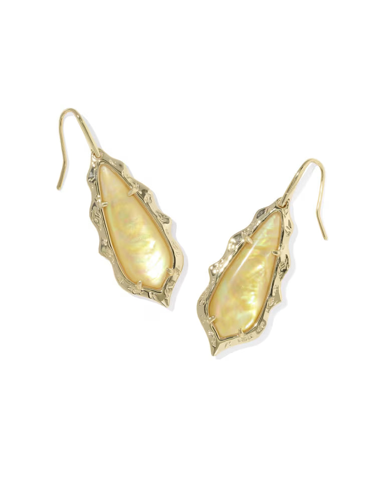Adriana Scallop Frame Gold Drop Earrings in Yellow Iridescent Abalone
