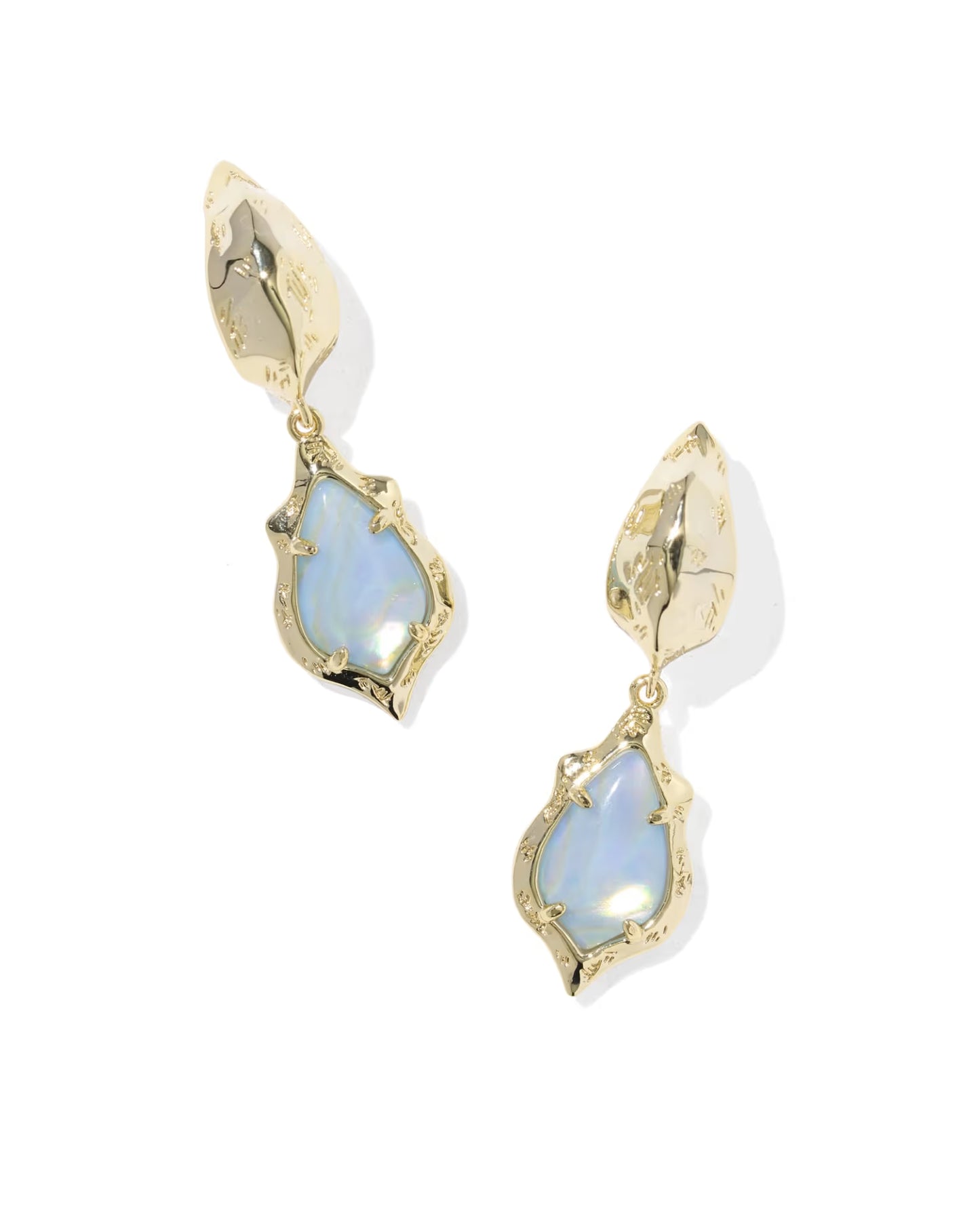 Adriana Scallop Frame Gold Huggie Earrings in Sky Blue Iridescent Abalone