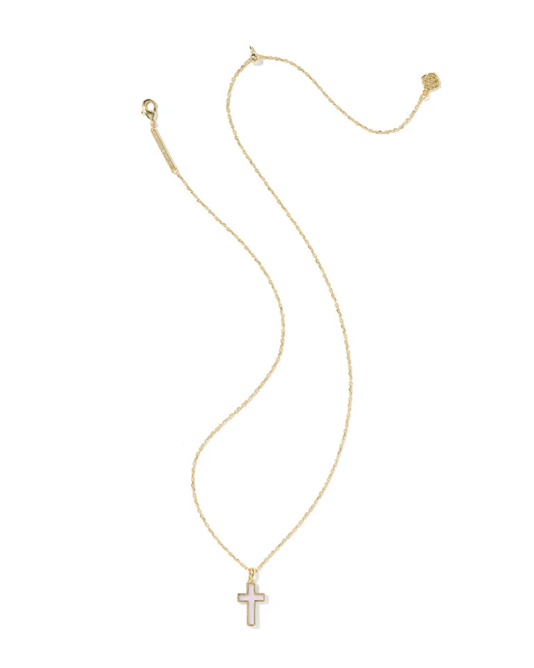 Cross Gold Pendant Necklace In Blush Pink Dichroic Glass