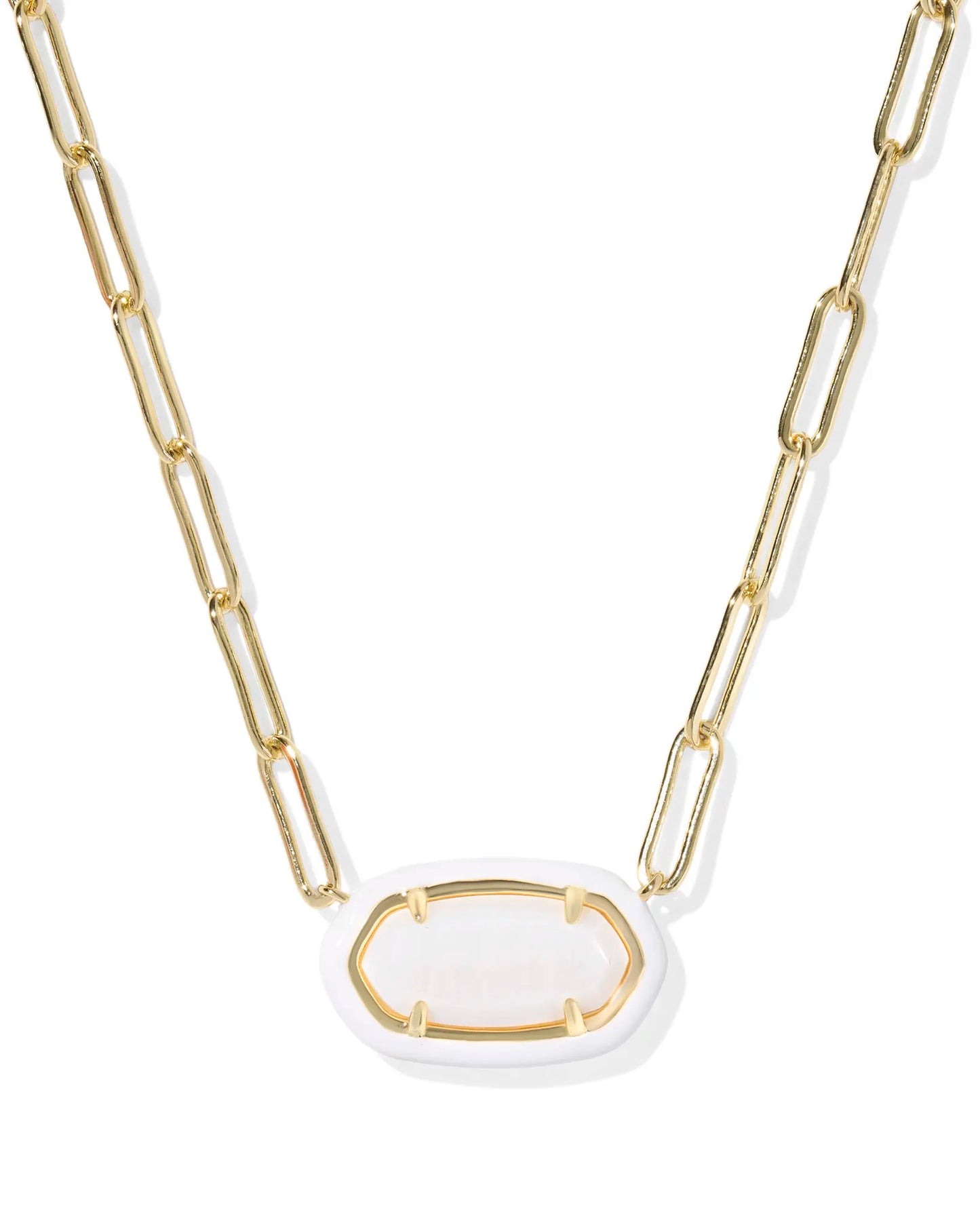 Elisa Enamel Frame Gold Paperclip Necklace in White Mother-of-Pearl