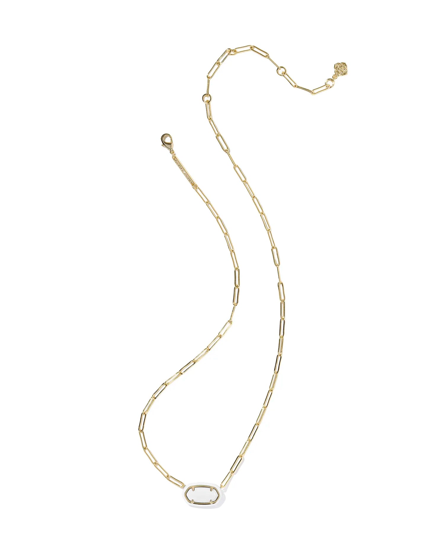 Elisa Enamel Frame Gold Paperclip Necklace in White Mother-of-Pearl
