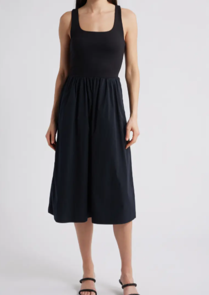 Smooth Jersey Mixed Media Black Midi Dress