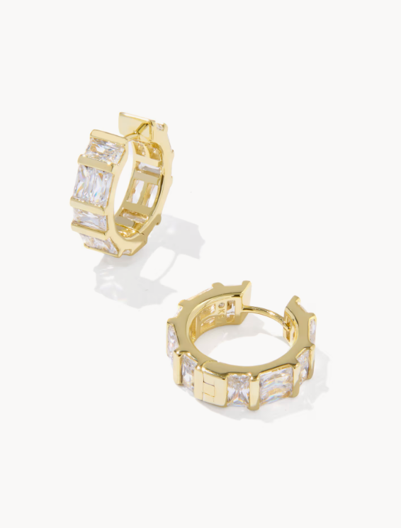 Jamie Gold Huggie Earrings in White Crystal