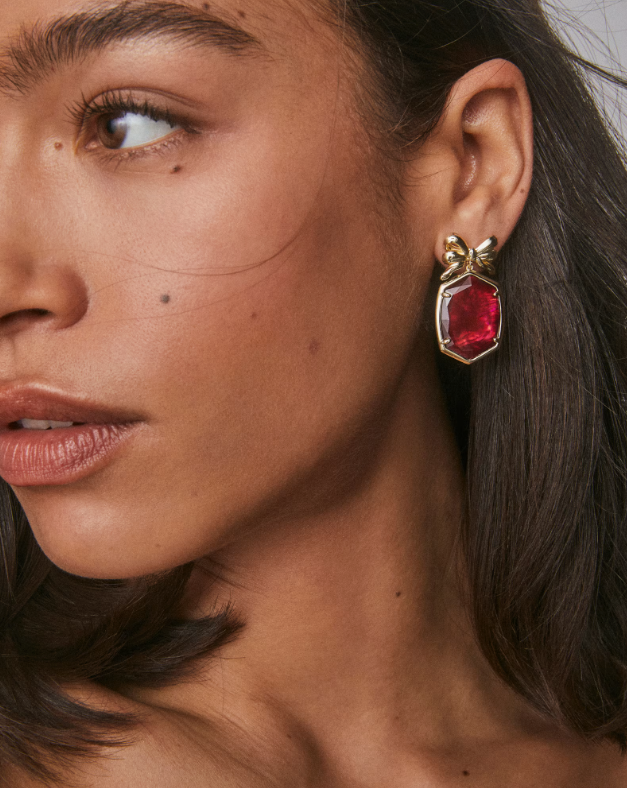 Daphne Bow Gold Drop Earrings in Dark Burgundy Illusion