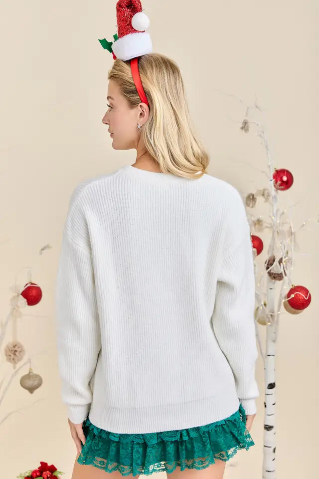 Merry Wreath White Sweater