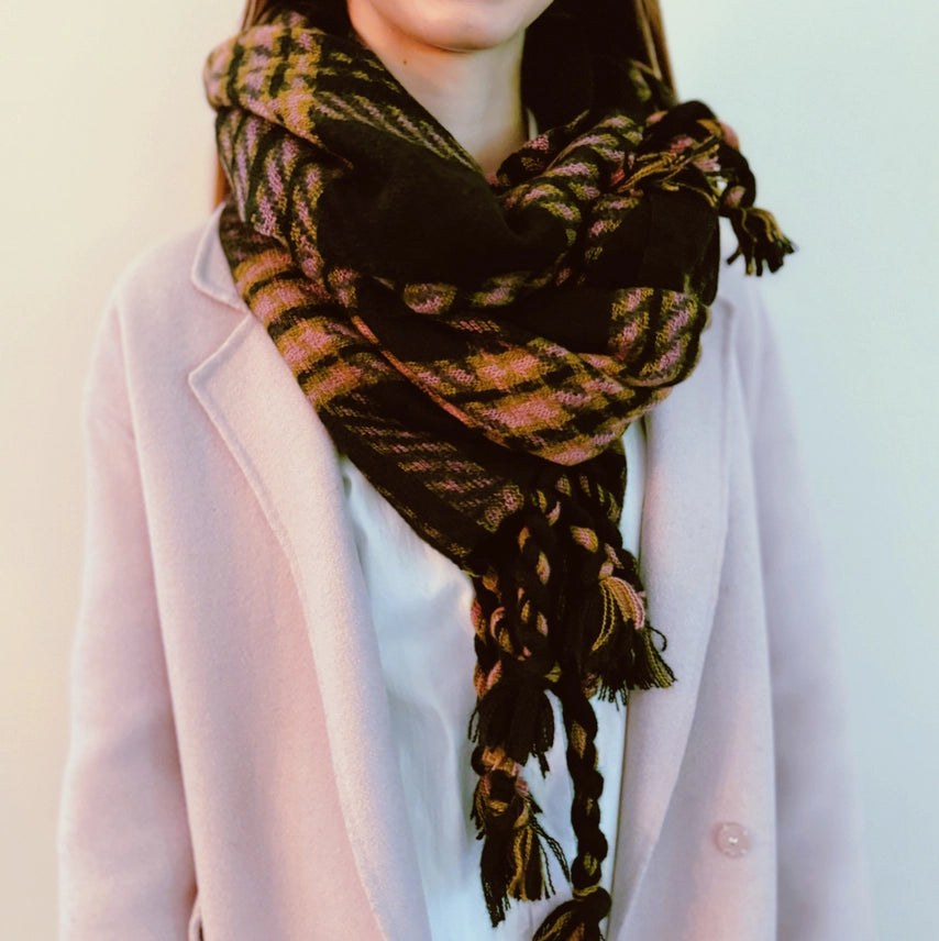 Braided Fringe Black Plaid Scarf