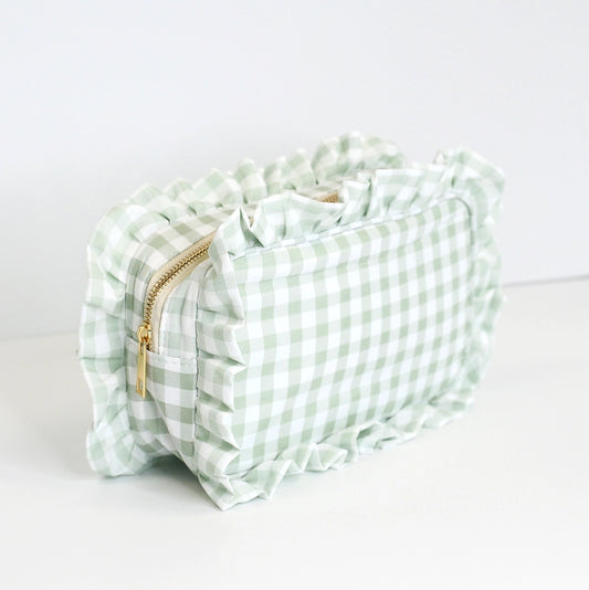 Gingham Ruffle Light Green Pouch Cosmetic Bag