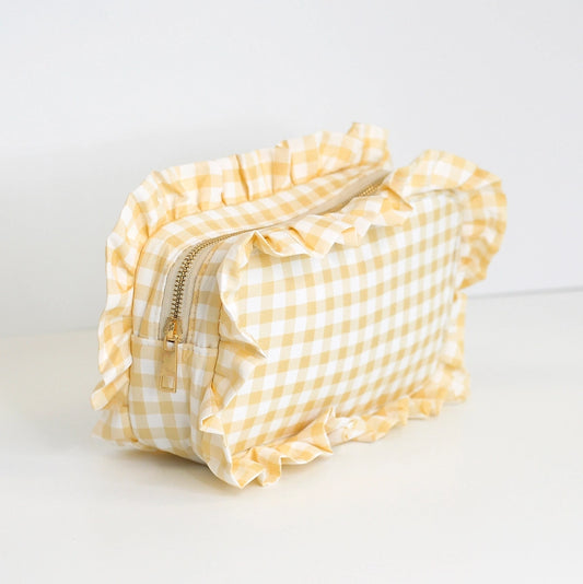 Gingham Ruffle Tan Pouch Cosmetic Bag