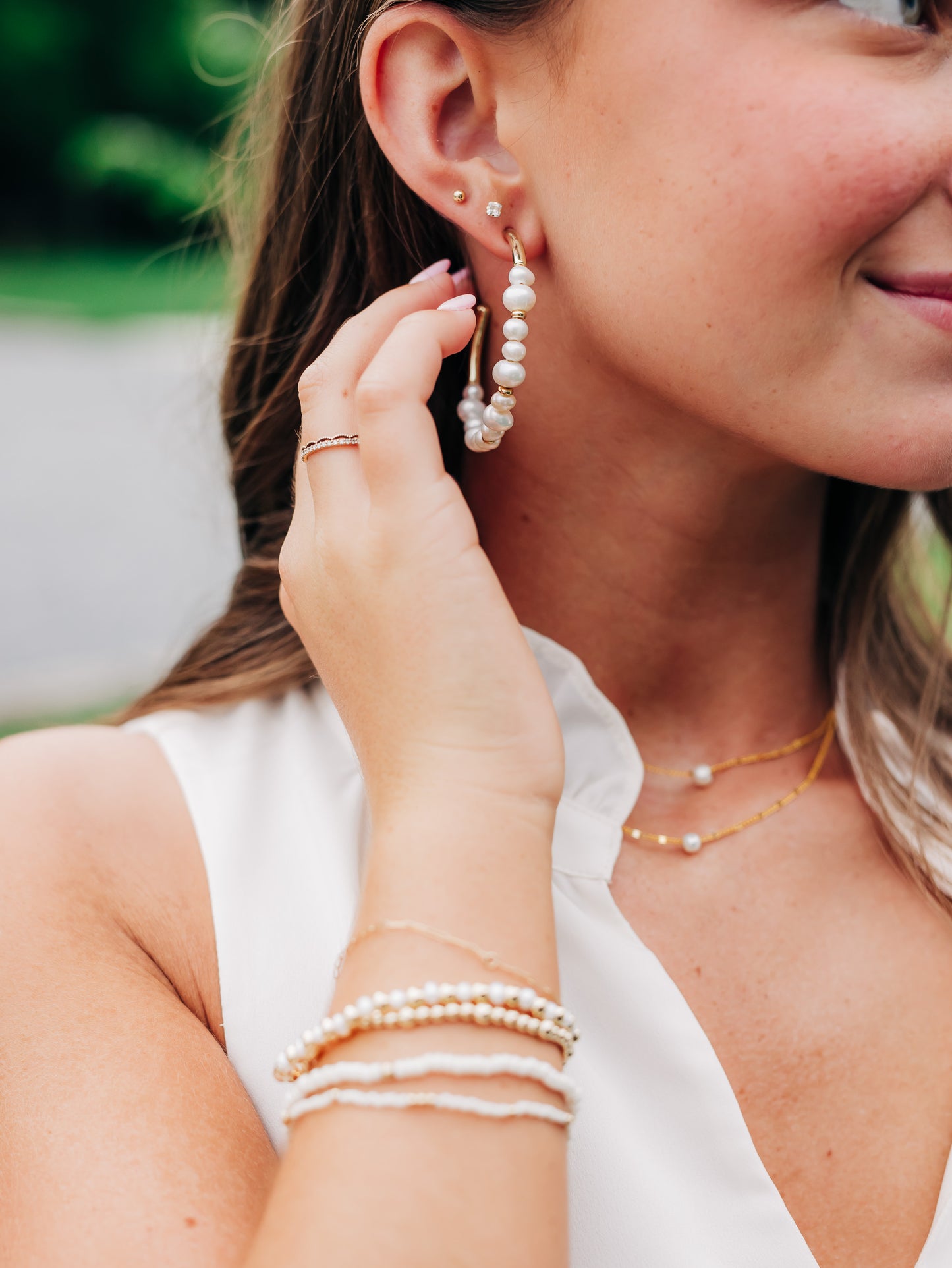 Jovie Gold Beaded Hoop Earrings in White Pearl