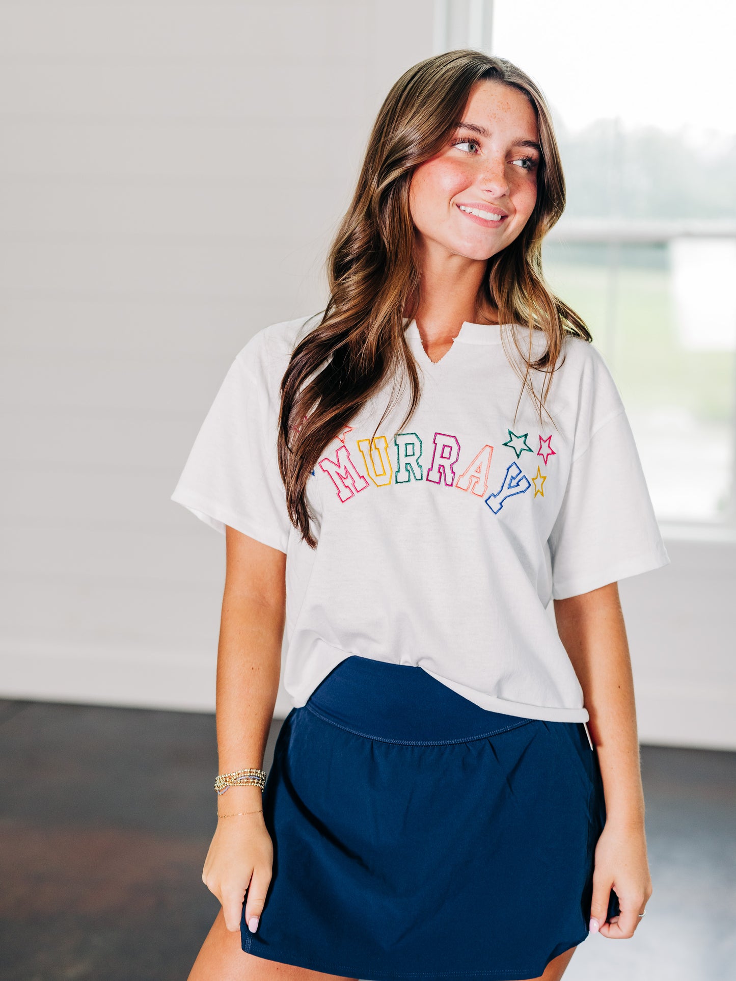 Murray Rainbow Stars Cropped White Tee