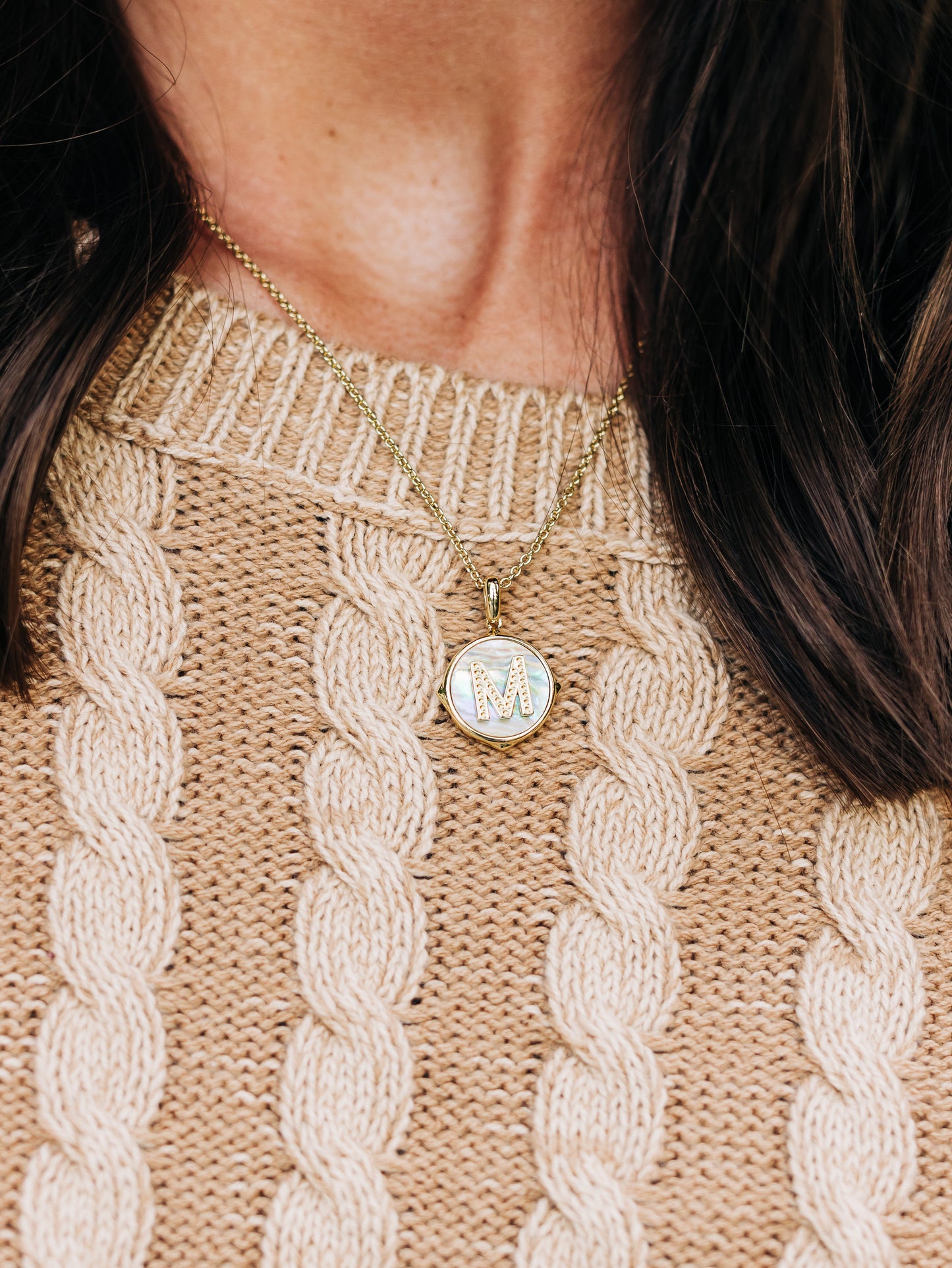 Letter Gold Disc Pendant Necklace in Iridescent Abalone