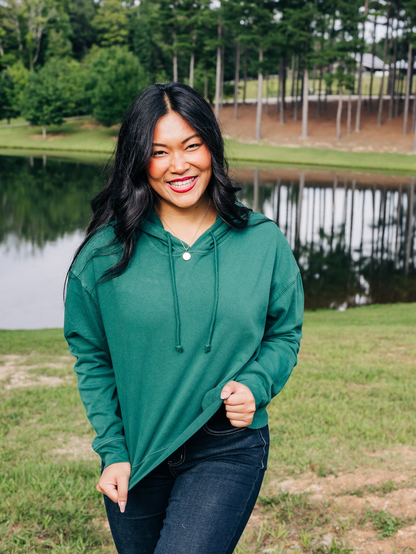 Happy Thoughts Pine Green Hooded Top