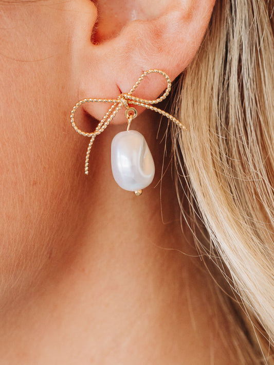 Bow and Baroque Pearl Drop Earrings