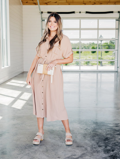 The Time is Right Taupe Midi Dress