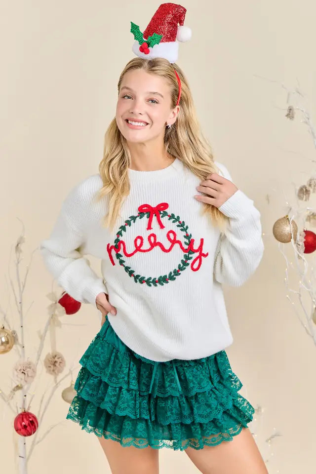 Merry Wreath White Sweater