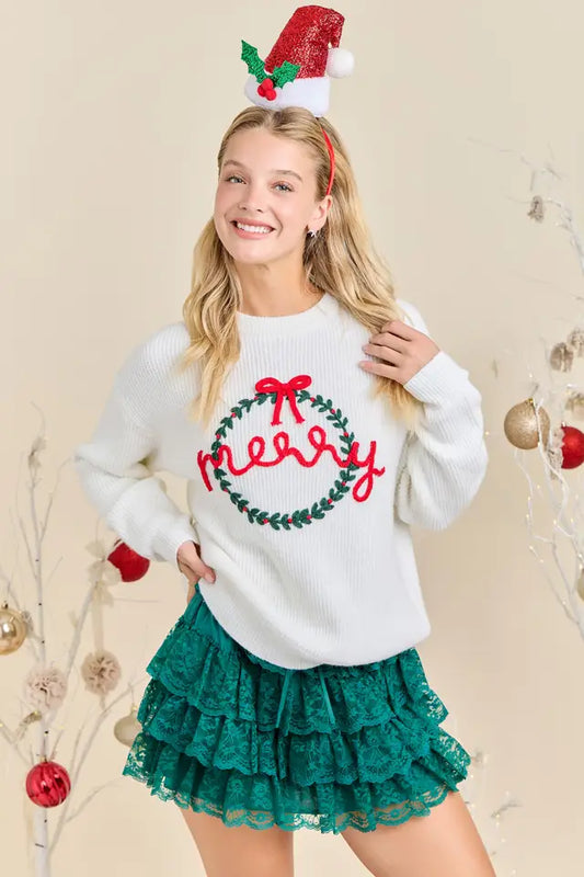 Merry Wreath White Sweater