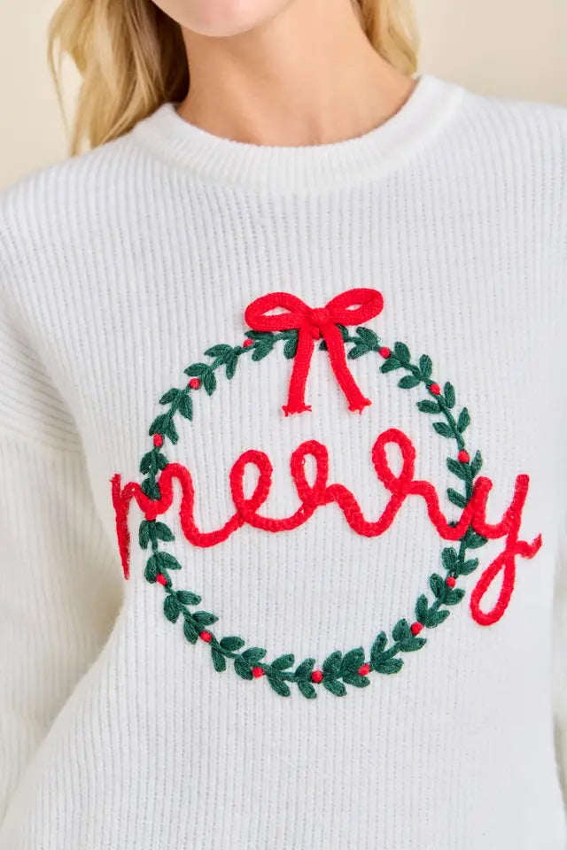 Merry Wreath White Sweater