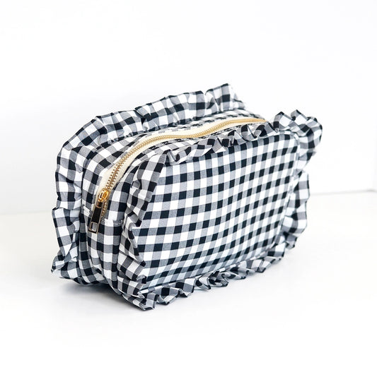 Gingham Ruffle Black Pouch Cosmetic Bag