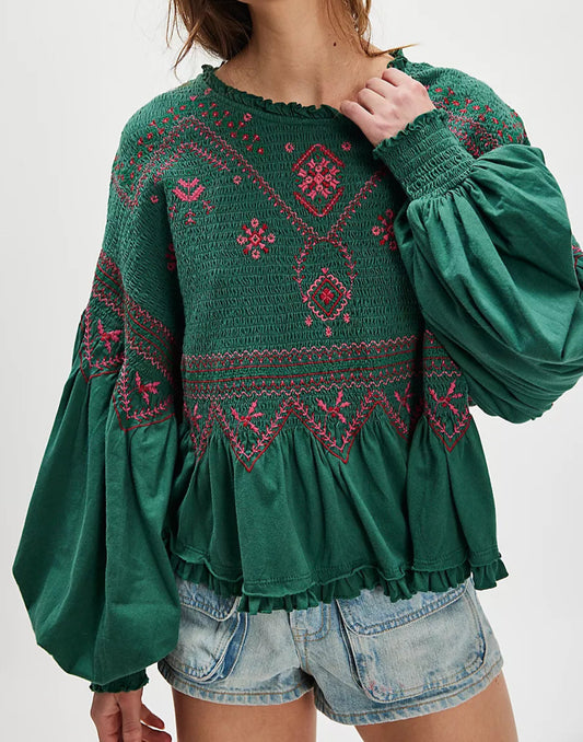 Holly Green Combo Long Sleeve Knit Top