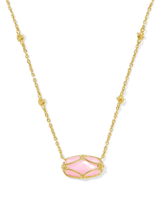 Elisa Lattice Frame Gold Short Pendant Necklace in Blush Ivory Mother-of-Pearl