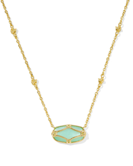 Elisa Lattice Frame Gold Short Pendant Necklace in Light Green Mother-of-Pearl