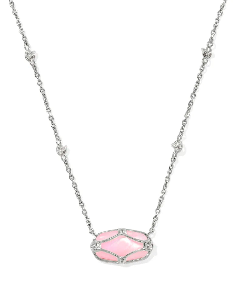 Elisa Lattice Frame Silver Short Pendant Necklace in Blush Ivory Mother-of-Pearl