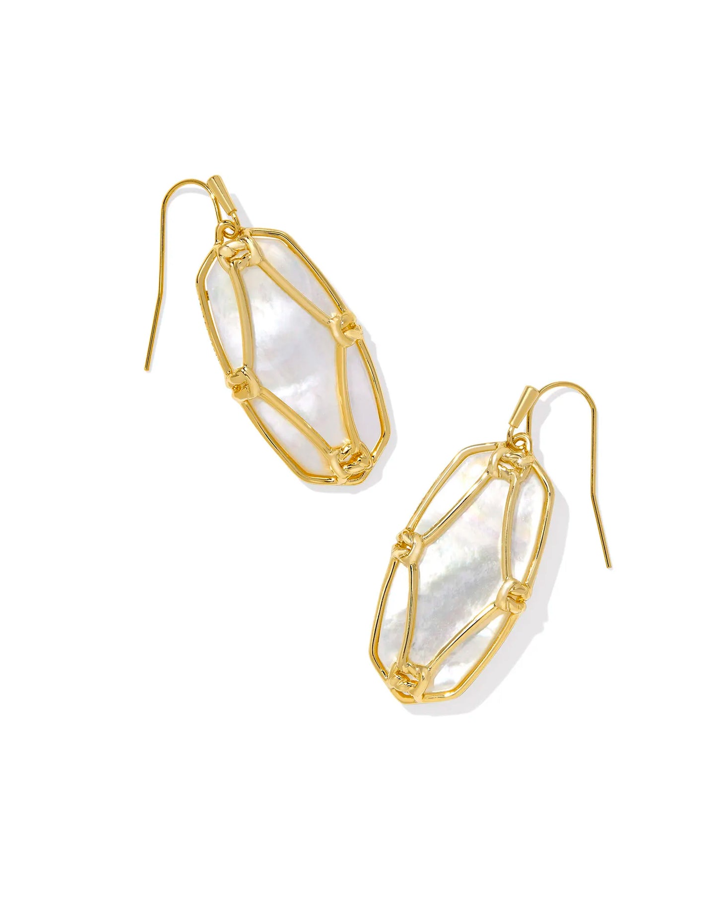 Elle Lattice Frame Gold Drop Earrings in Ivory Mother-of-Pearl