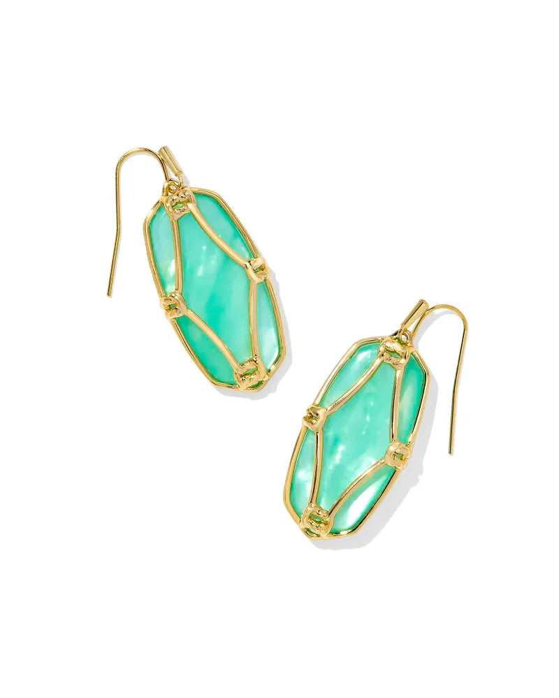 Elle Lattice Frame Gold Drop Earrings in Light Green Mother-of-Pearl