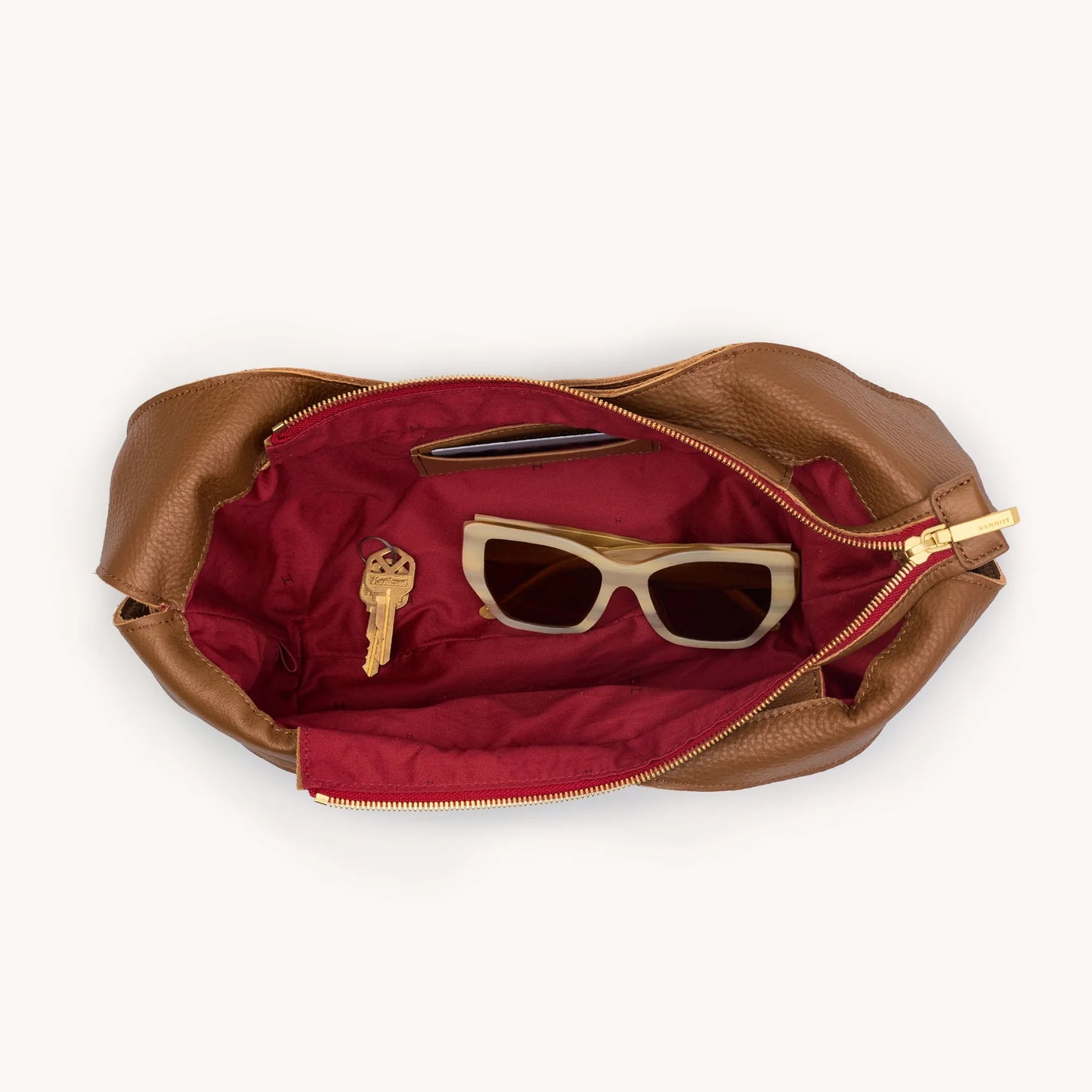 Tom Zip Med Mahogany Pebble/Brushed Gold Red Zip Handbag
