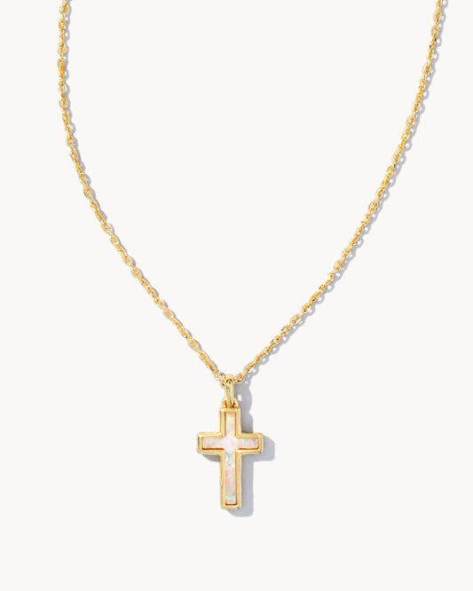 Cross Gold Pendant Necklace in White Kyocera Opal