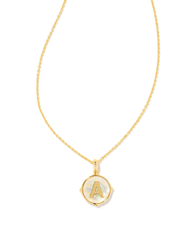 Letter Gold Disc Pendant Necklace in Iridescent Abalone