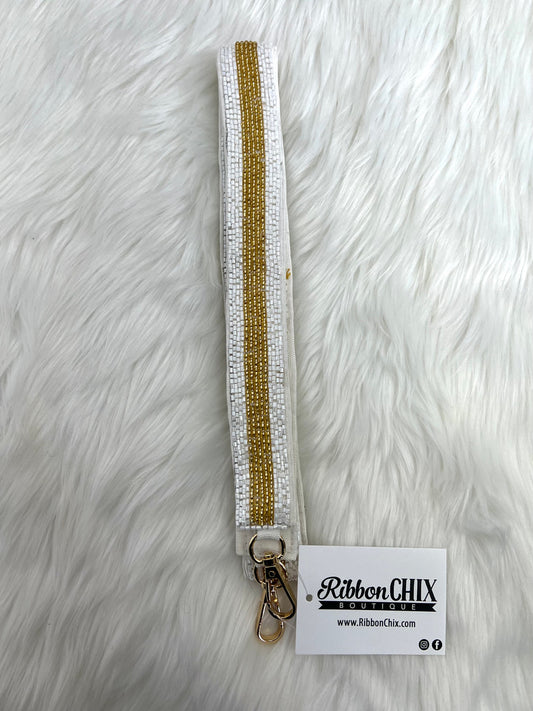 Beaded White and Gold Guitar Strap