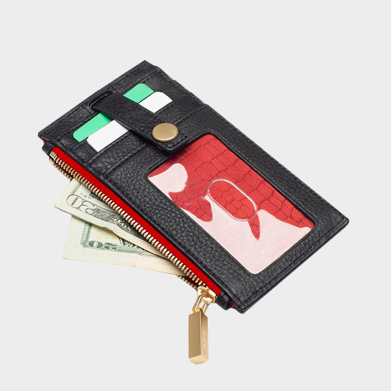 210 West Black And Brushed Gold Red Zip Wallet